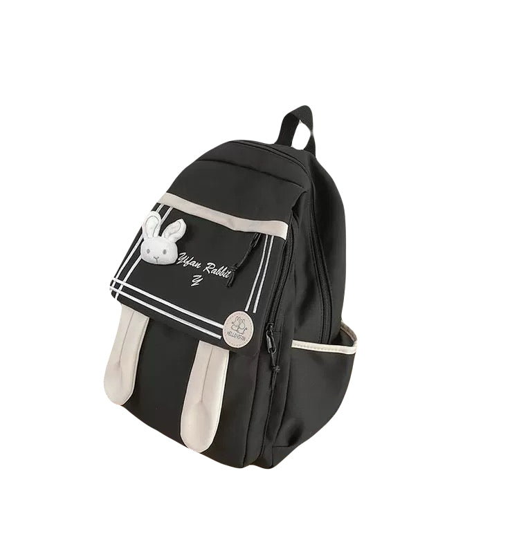 Black bunny ears backpack with plush rabbit and side pockets
